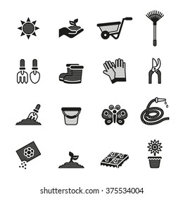 Garden and gardening tools and objects icons. 