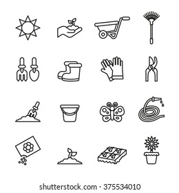 Garden and gardening tools and objects icons. Line Style stock vector.