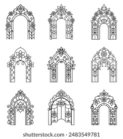 Garden Gate Collection with Ornate Floral Designs in Line Art 