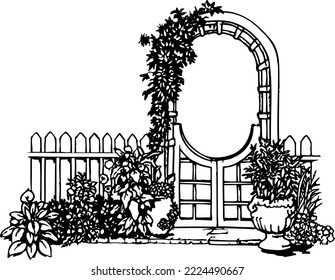 Garden Gate with Flowers Vector Illustration