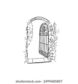 Garden gate with foliage and bricks either side. Under an arch, architectural elements hand drawn in black and white. Vector.