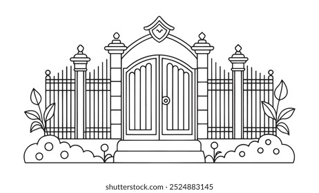 Garden Gate House continuous line art isolated flat vector illustration on white background