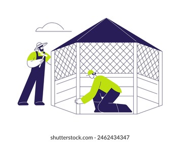 Garden gazebo building abstract concept vector illustration. Group of professional contractors building wooden gazebo in the garden, backyard summerhouse, exterior works abstract metaphor.