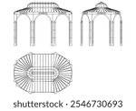 Garden Gazebo outline vector illustration. Perfect for artistic projects, decor ideas, and graphic designs. Elegant Antique Decor Illustration with Front, Side, and Top Views