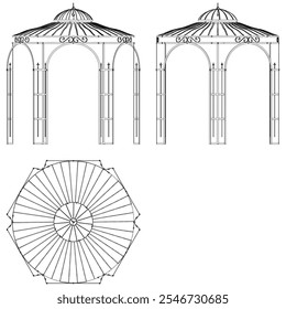 Garden Gazebo outline vector illustration. Perfect for artistic projects, decor ideas, and graphic designs. Elegant Antique Decor Illustration with Front, Side, and Top Views