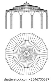 Garden Gazebo outline vector illustration. Perfect for artistic projects, decor ideas, and graphic designs. Elegant Antique Decor Illustration with Front, Side, and Top Views