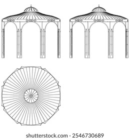 Garden Gazebo outline vector illustration. Perfect for artistic projects, decor ideas, and graphic designs. Elegant Antique Decor Illustration with Front, Side, and Top Views