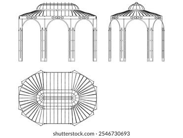 Ilustración vectorial de contorno Garden Gazebo. Perfecto para proyectos artísticos, ideas de decoración y Diseños gráficos. Elegante ilustración de decoración antigua con vistas frontales, laterales y superiores