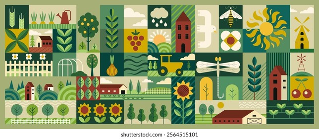 Garden geometric. Soil farm. Pattern geometry of flowers in summer, house and barn. Icon of abstract spring plant. Green modern graphics. Horizontal agricultural banner. Vector design background