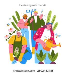 Garden Girl concept. A cheerful moment of friends sharing gardening chores, surrounded by lush plants and friendly insects. Joy of nurturing nature together. Vector illustration.