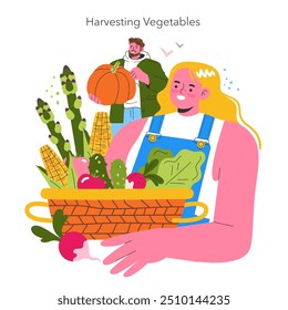 Conceito de Garota de Jardim. Uma mulher alegre apresenta uma cesta cheia de vegetais frescos com um homem segurando uma abóbora ao fundo. A alegria da colheita de outono. Ilustração vetorial.