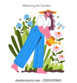 Garden Girl concept. A cheerful young woman tends to her garden, watering vibrant flowers surrounded by lush greenery and pollinating bees. Vector illustration.