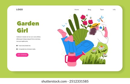 Garden Girl concept. Illustration of a woman enjoying gardening, surrounded by nature and wildlife. Relaxing outdoor activity, connection with plants. Vector illustration.