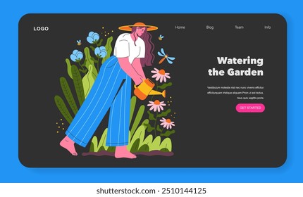 Garden Girl concept. A young woman with a watering can tends to plants, surrounded by vibrant flower illustrations. Gardening hobby, nature care. Vector illustration.