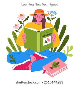 Garden Girl concept. A young woman engrossed in learning gardening techniques, surrounded by nature. Knowledge growth, educational hobby, serene learning environment. Vector illustration.