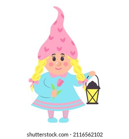 Garden girl gnome with vintage lantern and pink tulip. Cartoon cute character. Spring and gardening concept. Vector illustration.
