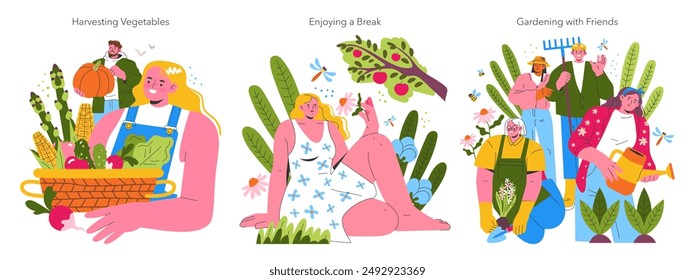 Garden Girl set. Female characters engage in gardening activities, harvest, relax, and plant with friends. Scene transitions from toil to leisure. Vector illustration.