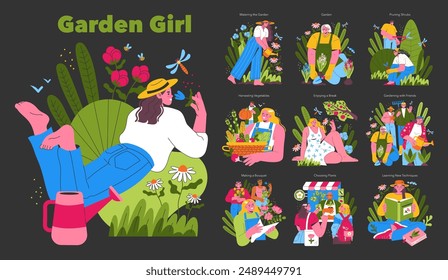 Garden Girl set. Whimsical collection capturing joys of gardening and plant care. Watering, harvesting, planting, and relaxation amidst flora. Vector illustration.