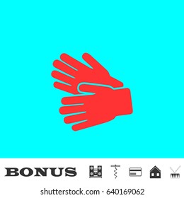 Garden Gloves icon flat. Red pictogram on blue background. Vector illustration symbol and bonus buttons Music center, corkscrew, credit card, house, drum