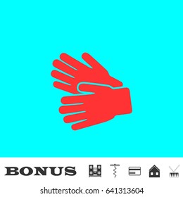 Garden Gloves icon flat. Red pictogram on blue background. Vector illustration symbol and bonus buttons Music center, corkscrew, credit card, house, drum