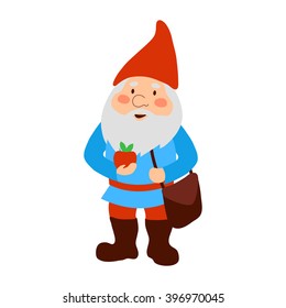 A garden gnome with an apple in his hand. Cartoon bearded old man.