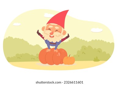 Garden gnome with autumn harvest vector illustration. Cartoon cute scene with happy old fairytale man gardener with beard and red cap jumping over pumpkin, funny jump of little magic elf character