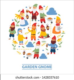 Garden Gnome Bart Zwerg Charaktere Tapete und Gartenarbeit Flayer Flickwerk Familienfigur Hintergrund Vektorillustration Illustration. Kleine lustige Leute Gold Produktion Spielzeugelf Figuren Banner.