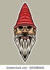 Garden gnome bearded head vector illustration in colorful cartoon style isolated on light background