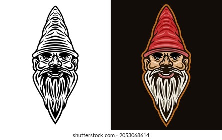 Garden gnome bearded head vector illustration in two styles black on white and colorful on dark background