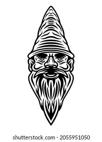 Garden gnome bearded head vector illustration in monochrome vintage style isolated on white background