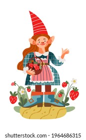 Garden gnome with berries. Funny little girl dwarf statue vector illustration. Female midget in red hat and costume standing and smiling with basket in hand on white background.