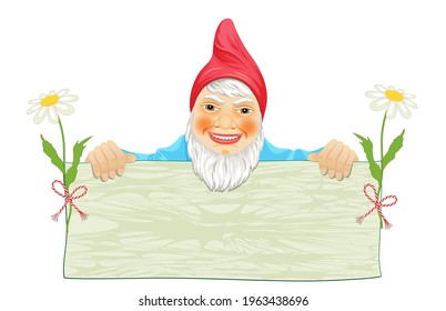 Garden gnome with blank sign,
Vector illustration isolated on white background
