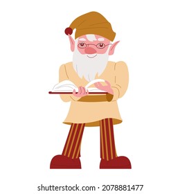 Garden gnome with book. Vector illustration in flat style. Isolated on white background.