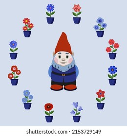 Garden gnome with bright cartoon simple flowers in pots. Flat style, light blue background, vector illustration.