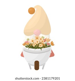 A garden gnome with a cart loaded with flowers. Vector illustration.