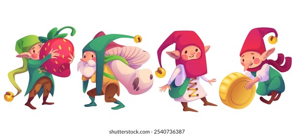 Dibujos animados de gnomo de jardín. Vector de personaje de cuento de hadas. Enano de cuento de hadas de fantasía con elemento de barba. Mascota de mito feliz que sostiene la fresa, la moneda y el hongo. Divertida figura enana colección aislada