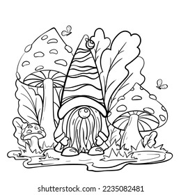 Garden gnome coloring page outline  Cute fairytale character is standing  surrounded by fly  agaric mushrooms   herbs  Line art freehand drawing coloring book sheet  One line drawing 
