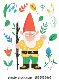 Garden gnome. Cute fairytale characters. Bundle of lawn ornaments or decorations. Flowers and leaves. Flat cartoon vector illustration.