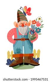 El gnomo del jardín con flores y las manos en los bolsillos. Graciosa estatua pequeña enana con ilustración vectorial de barba. Enano macho con sombrero, disfraces, botas paradas y sonriendo con fondo blanco.