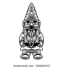 Garden gnome full length vector illustration in monochrome vintage style isolated on white background