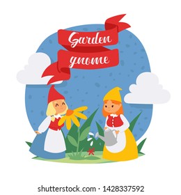 Garden gnome girls dwarf characters cadr and gardening flayer klitsch spring kids figure background vector illustration. Little funny people toy elf figurines banner.