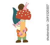 Garden Gnome hand drawn with fly agaric and snail icon clipart avatar logotype isolated illustration