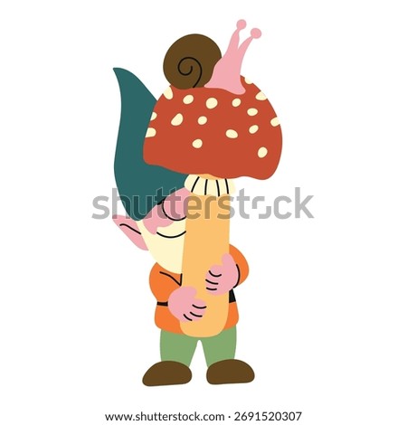 Garden Gnome hand drawn with fly agaric and snail icon clipart avatar logotype isolated illustration
