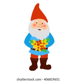 A garden gnome holding a bouquet of flowers. Cartoon old man. People isolated on white background. Vector illustration.