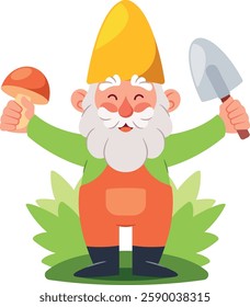 Garden gnome holding mushroom, shovel