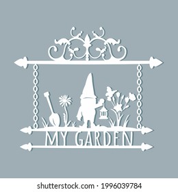 garden gnome holding a street lamp, garden shovel, flowers with a butterfly, metal openwork vyvseka. laser cut design. vector. eps	
