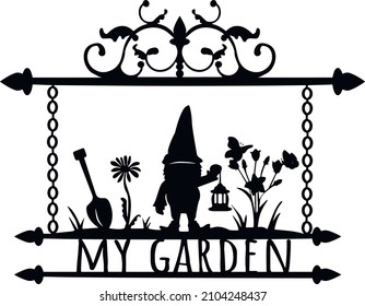 garden gnome holding a street lamp, garden shovel, flowers with a butterfly, metal openwork vyvseka. laser cut design. vector. eps	