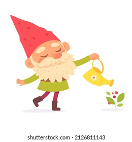 Garden gnome holding watering can to water plant vector illustration. Cartoon small dwarf with red hat and gumboots gardening, happy male magic character working with farm tools isolated on white