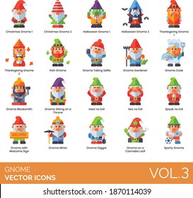 Garden gnome icons including christmas, halloween, thanksgiving, irish, taking selfie, gardener, cook, blacksmith, sitting on a throne, hear, see, speak no evil, welcome sign, miner, digger, sporty.