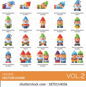 Garden gnome icons including male, female, lying, sitting down, squatting, boy and girl.